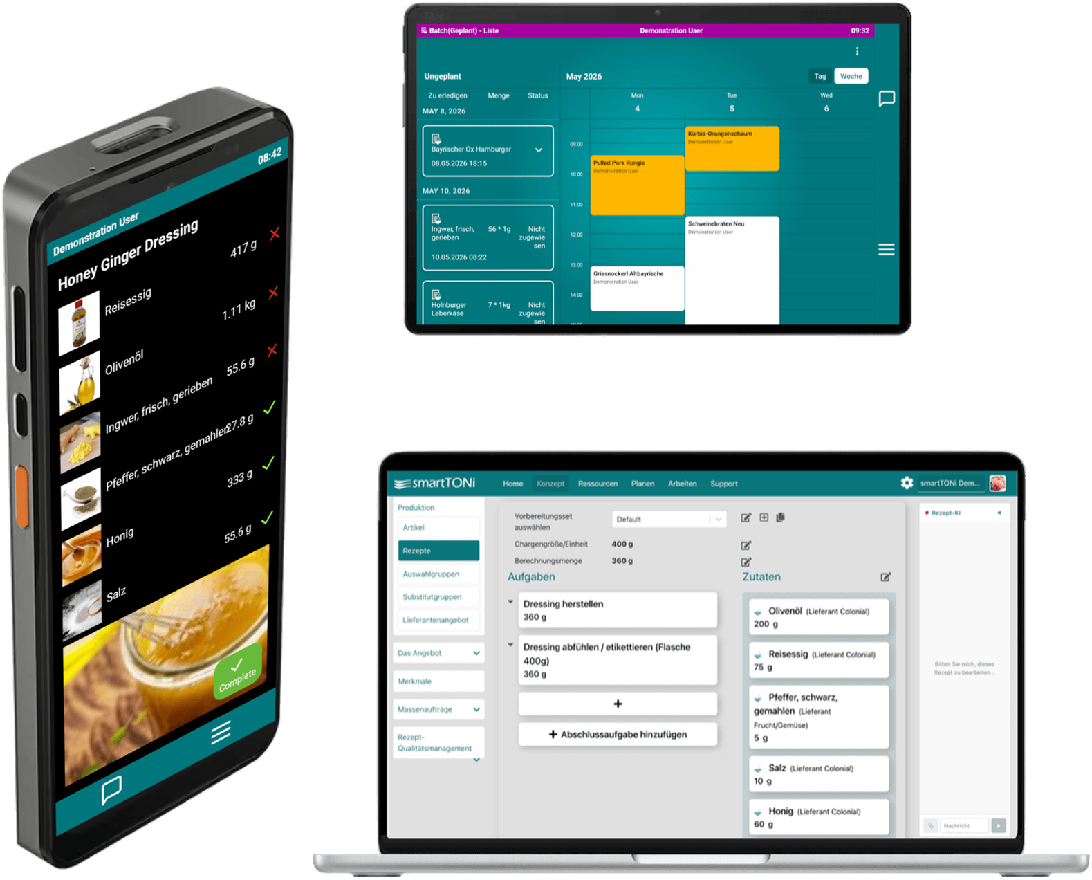 smartTONi on smartphone, tablet and webapp — recipe view, shift planning, and AI recipe editing