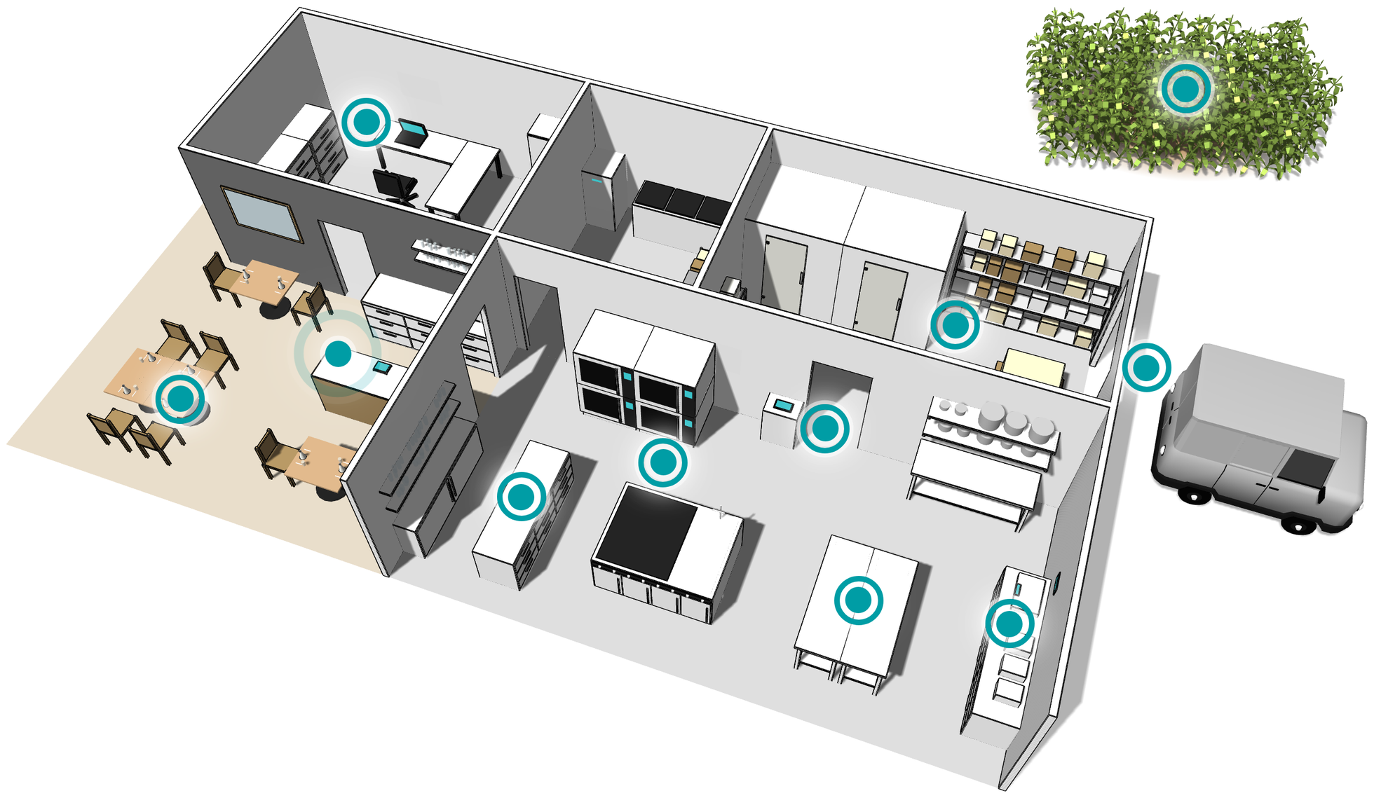 3D view of a kitchen with interactive smartTONi hotspots