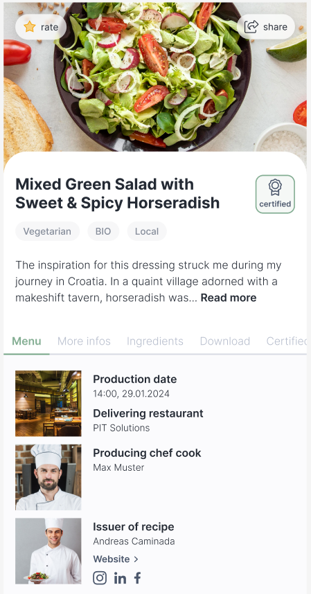smartTONi FoodPromise card on a phone, dish with origin, certified badges and the team that cooked it