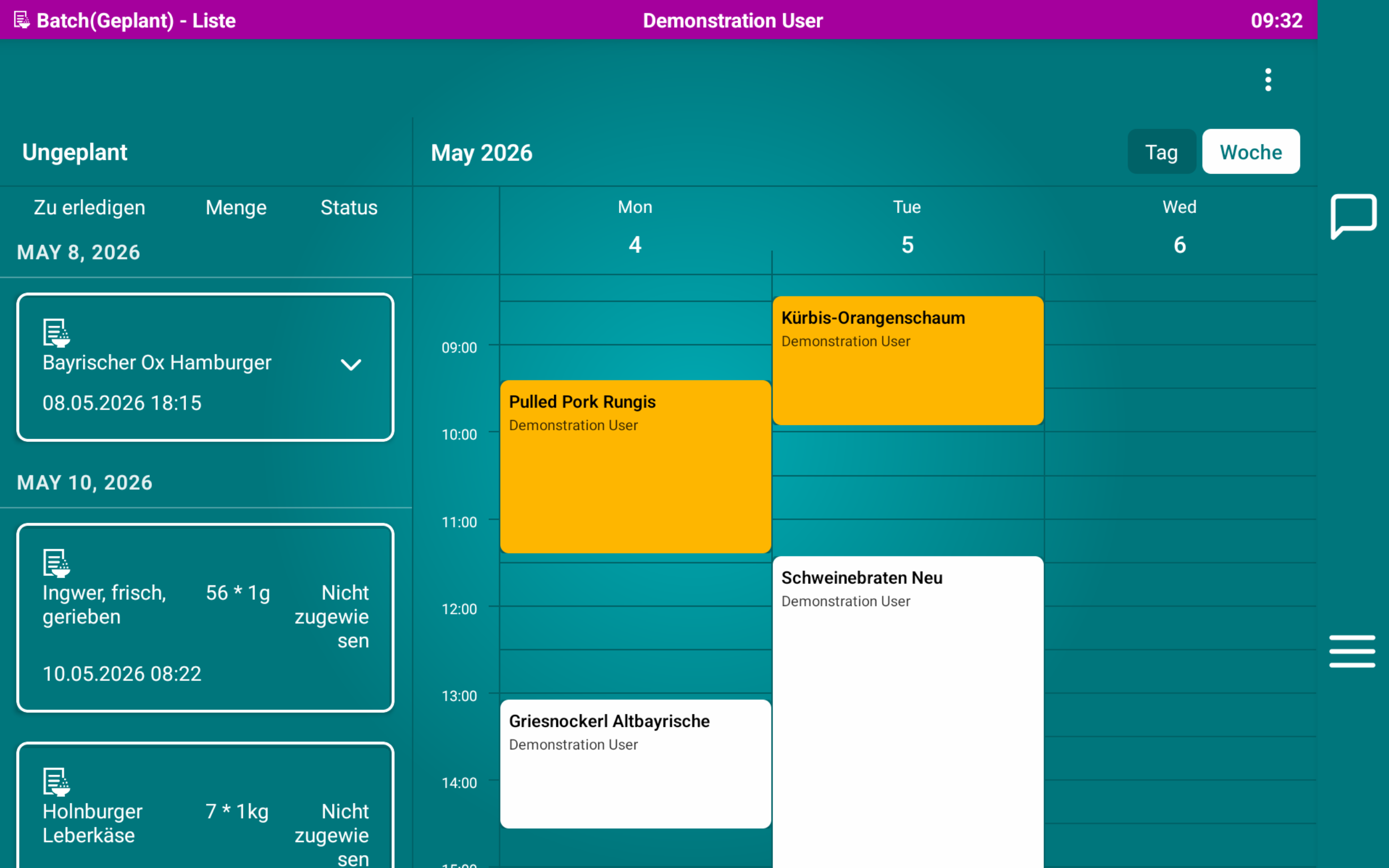 smartTONi production calendar on a wall tablet, batches dispatched across the week