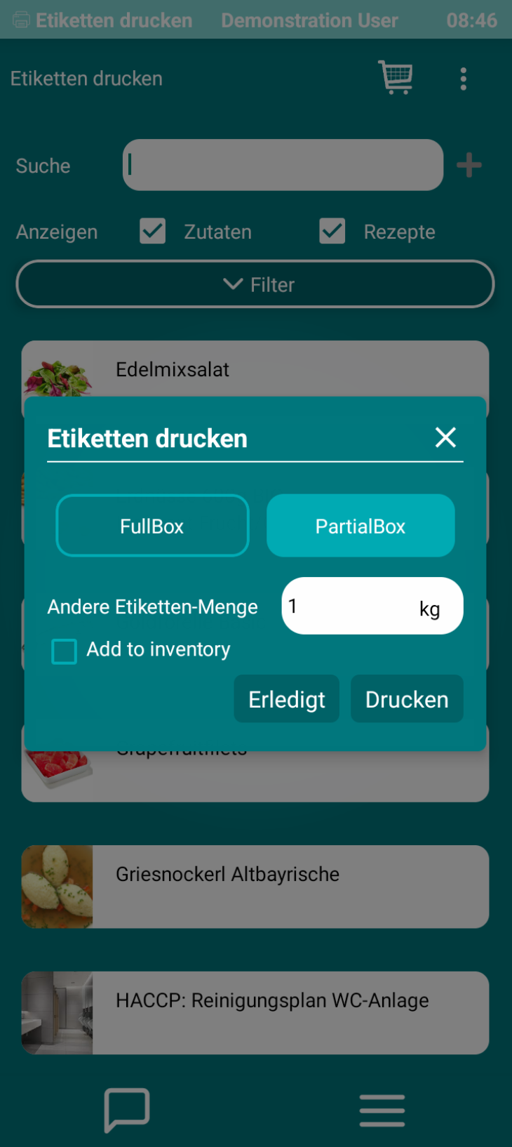 smartTONi packing screen, label and box options for a delivery portion