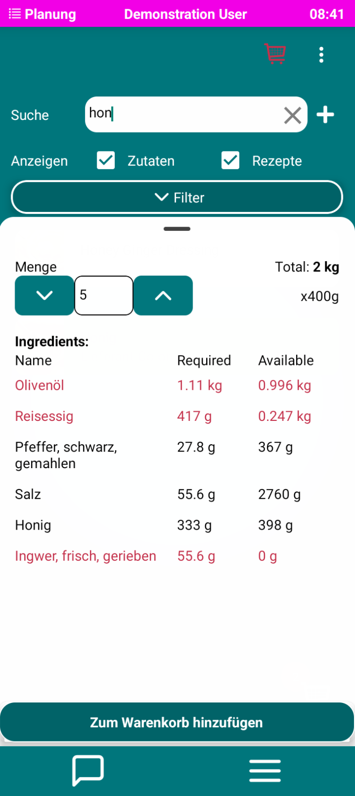smartTONi purchasing view, ingredients with required quantity vs. live stock side by side