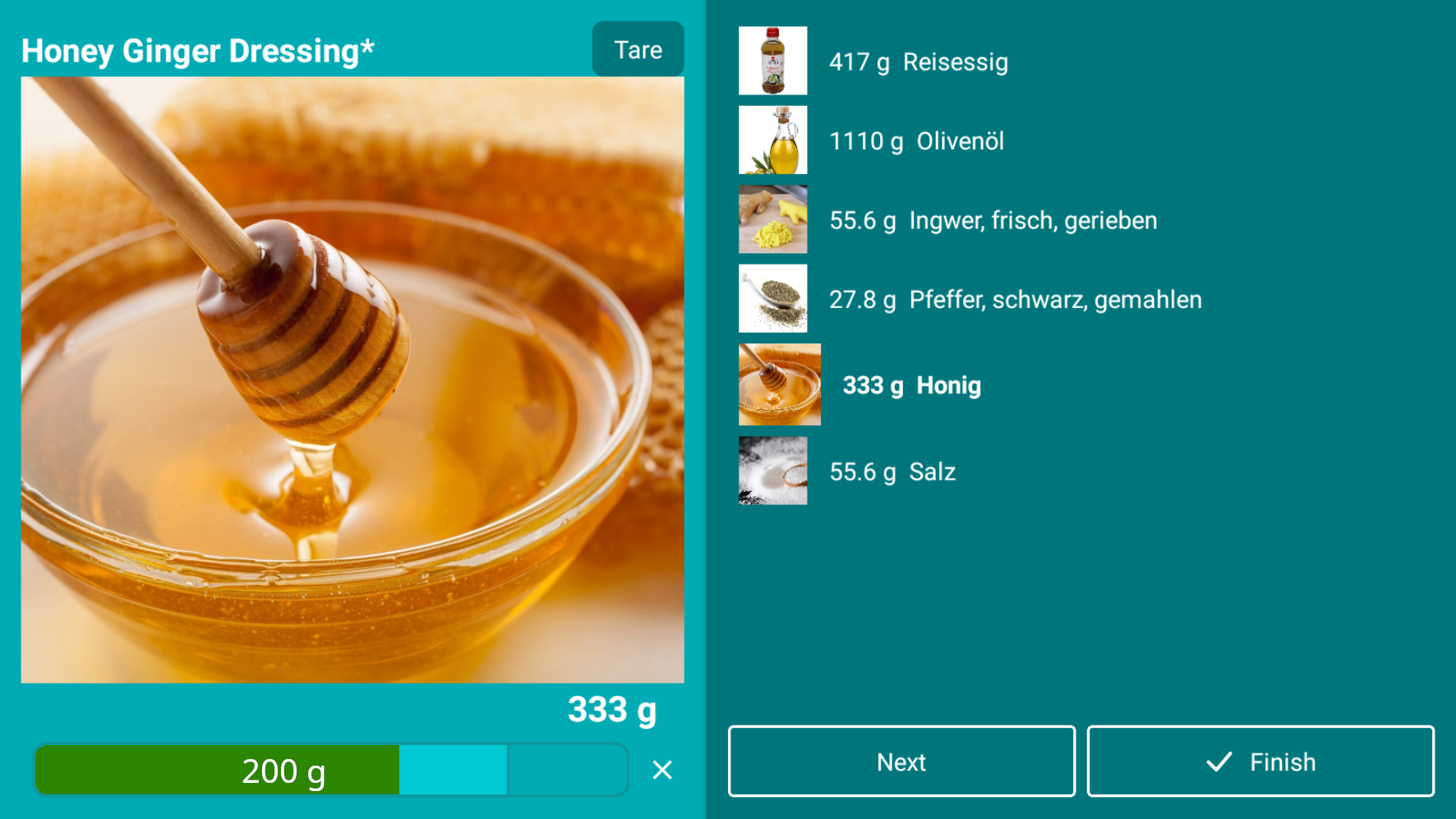 smartTONi scale station on a wall tablet: each ingredient of a honey-ginger dressing weighed live against its target